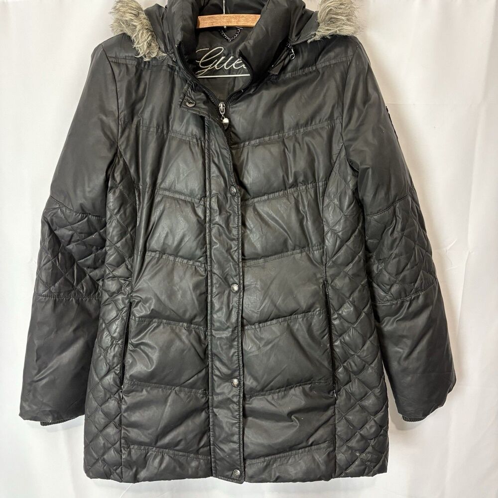 GUESS Puffer Black‎ Quilted Jacket Size S Women's Full Zip Hooded Down Faux Fur